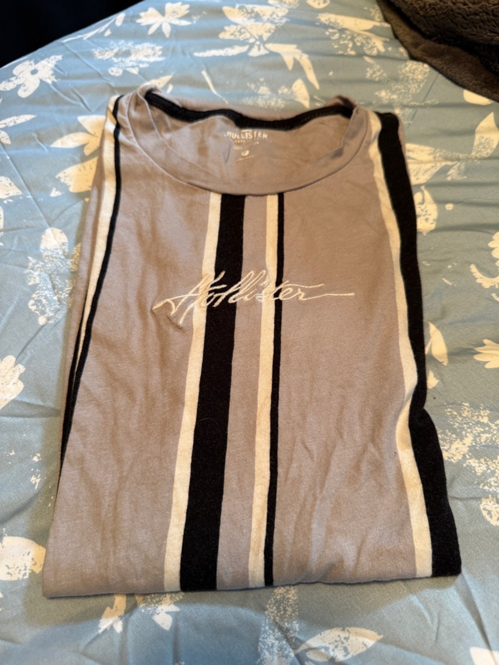 Hollister Gray and Black Striped Script Logo Tee